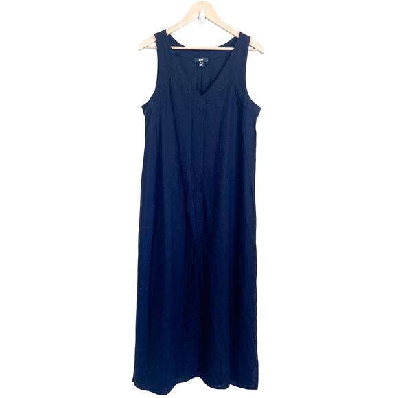 DKNY Linen Maxi Dress Size M Black Lagenlook Minimalist Boho Quiet Luxury Flowy - Picture 1 of 5